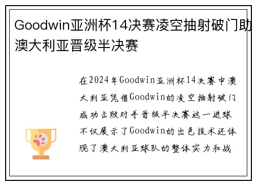 Goodwin亚洲杯14决赛凌空抽射破门助澳大利亚晋级半决赛